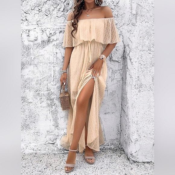 NEW Flowy Sheer Lace Off Shoulder Split Maxi Dress Cream Ivory Tan Beige - Picture 5 of 8